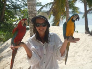 Posing with the parrots